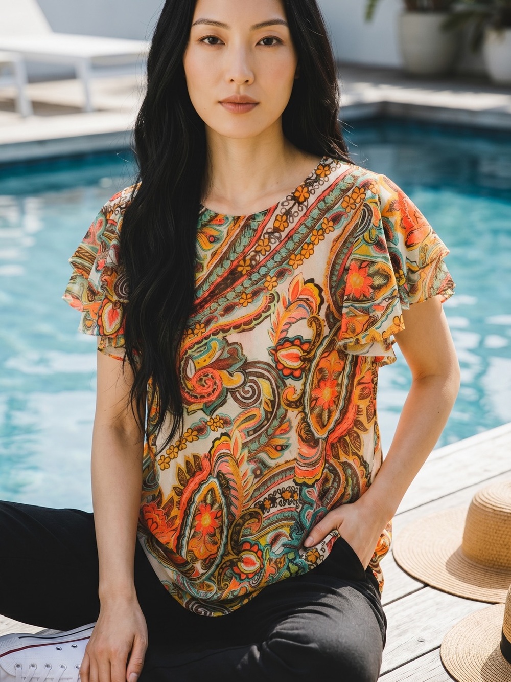 Women's Multi-Color Paisley Ruffle Sleeve Top